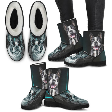 Boston Terrier Print Faux Fur Boots For Women-Free Shipping