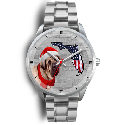 English Mastiff On Christmas Florida Silver Wrist Watch-Free Shipping