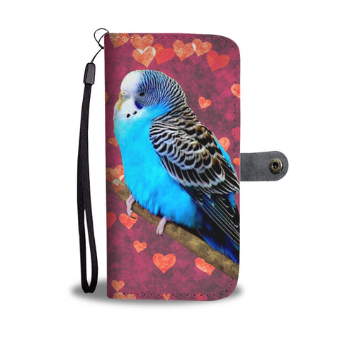 Blue Budgie On Hearts Print Wallet Case-Free Shipping