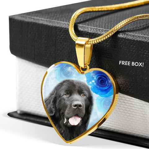 Newfoundland Dog Print Heart Pendant Luxury Necklace-Free Shipping
