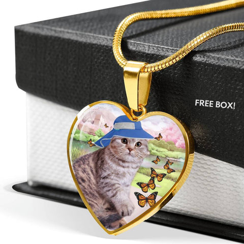 Scottish Fold Cat Print Heart Pendant Luxury Necklace-Free Shipping