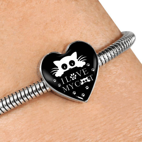 " I Love My Cat" Print Heart Charm Steel Bracelet-Free Shipping