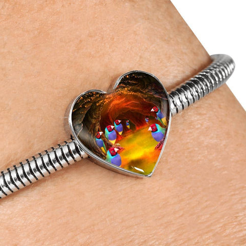 Gouldian Finch (Rainbow Finch) Print Heart Charm Steel Bracelet-Free Shipping