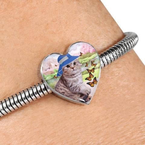 Scottish Fold Cat Print Heart Charm Steel Bracelet-Free Shipping