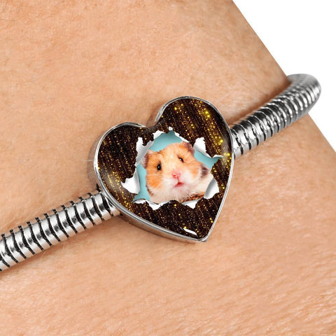 Syrian Hamster Print Heart Charm Steel Bracelet-Free Shipping