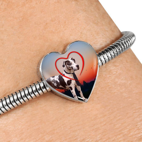 Lovely Great Dane Print Heart Charm Steel Bracelet-Free Shipping