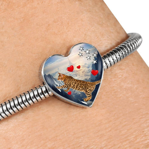 California Spangled Cat Print Heart Charm Steel Bracelet-Free Shipping