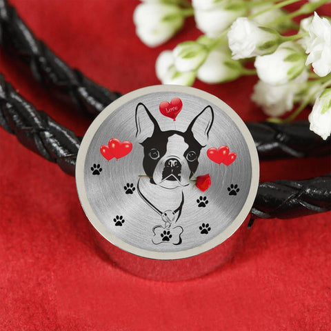 Cute Boston Terrier Print Circle Charm Leather Bracelet-Free Shipping