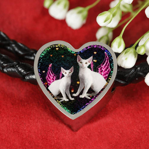 Devon Rex Cat Print Heart Charm Leather Woven Bracelet-Free Shipping