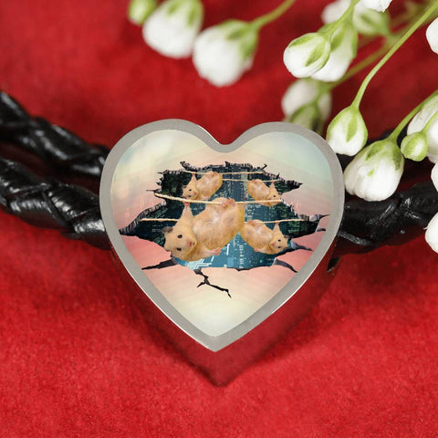 Golden Hamster Print Heart Charm Leather Woven Bracelet-Free Shipping