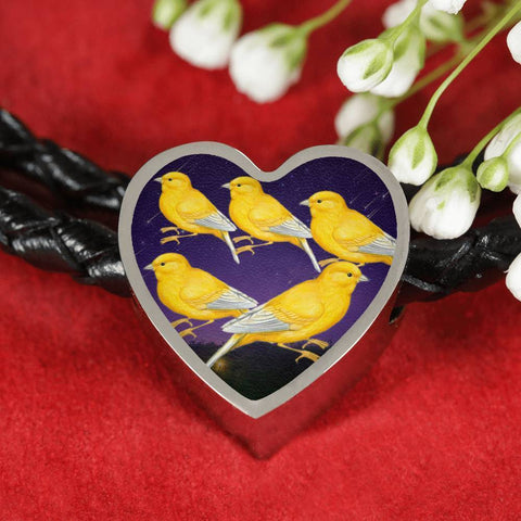 Domestic Canary Bird Print Heart Charm Leather Woven Bracelet-Free Shipping
