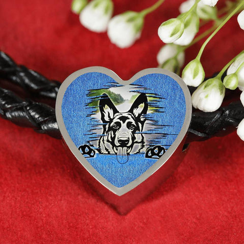 German Shepherd Dog Black Art Print Heart Charm Leather Woven Bracelet-Free Shipping