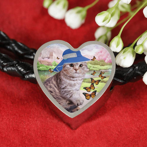 Scottish Fold Cat Print Heart Charm Leather Bracelet-Free Shipping