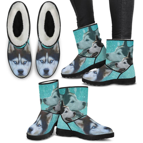 Siberian Husky Print Faux Fur Boots For Women-Free Shipping