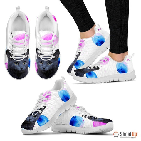 Russian Blue Cat Print (White/Black) Running Shoes For Women-Free Shipping