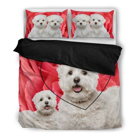Valentine's Day Special Maltese Print On Red Rose Bedding Set-  Free Shipping