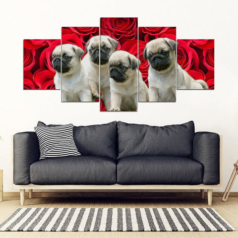 Cute Pug Puppies On Red Rose Print- 5 Piece Framed Canvas- Free Shipping