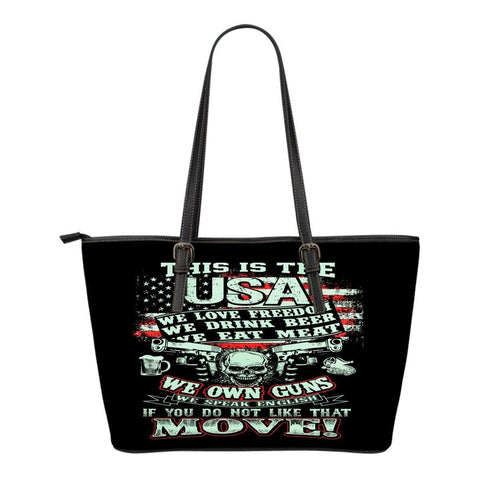 This Is USA We Own Guns-Small Leather Tote Bag-Free Shipping