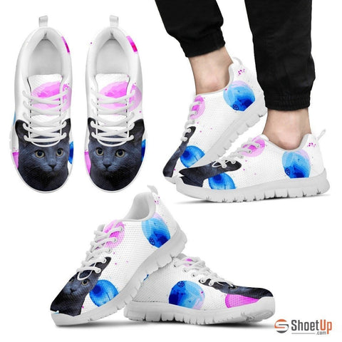 Russian Blue Cat Print (White/Black) Running Shoes For Men-Free Shipping