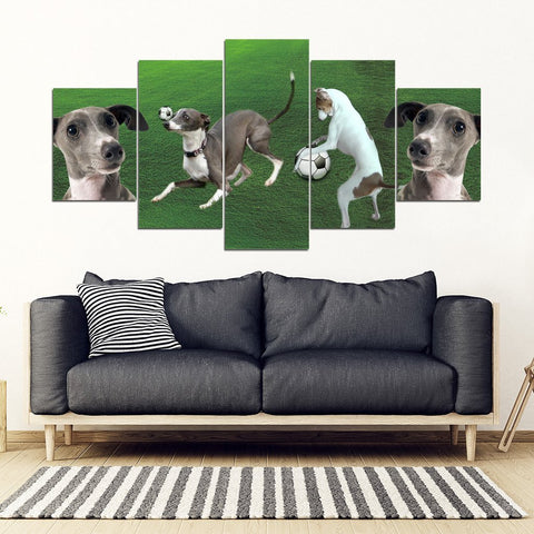 Italian Greyhound Playing football Print-5 Piece Framed Canvas- Free Shipping