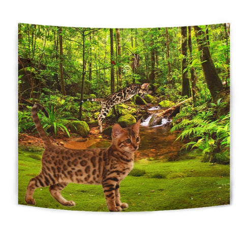 Bengal Cat In Jungle Print Tapestry-Free Shipping