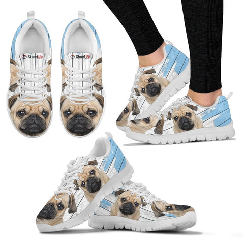 Pug Dog Blue White Print Sneakers For Women-Free Shipping