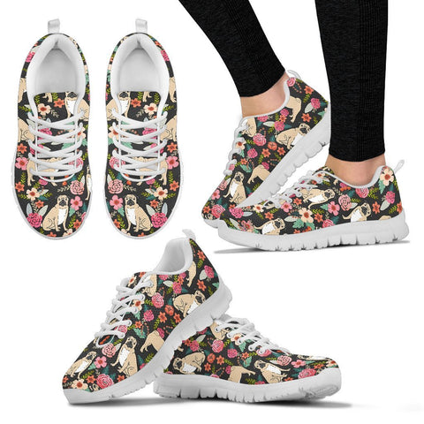 Pug Dog Floral Print Sneakers For Women- Free Shipping