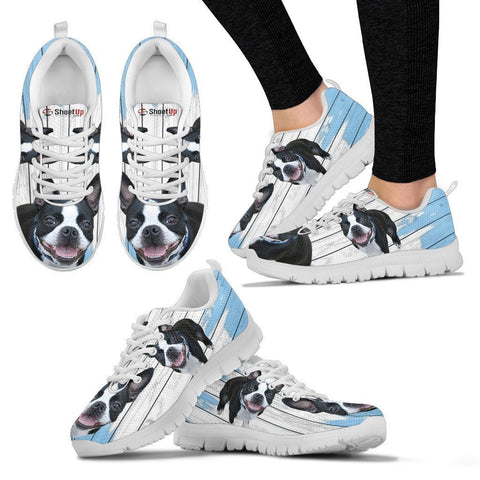 Boston Terrier Blue White Print Sneakers For Women-Free Shipping