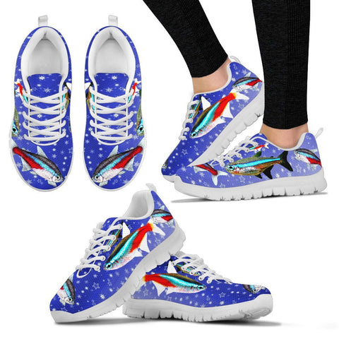 Neon Tetra Fish On Blue Print Christmas Running Shoes For Women- Free Shipping