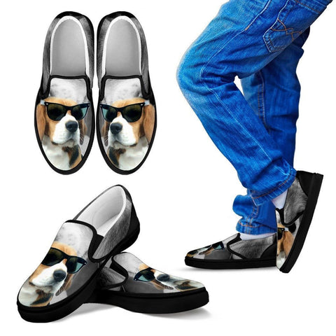 Beagle With Glasses Print Slip Ons For Kids(Black)- Limited Edition- Express Shipping