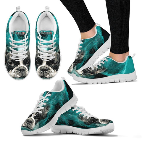 Boston Terrier On Deep Skyblue Print Sneakers For Women- Free Shipping