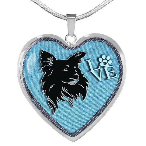 Papillon Dog On Denim Print Heart Charm Necklaces-Free Shipping