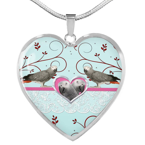 Cute African Grey Parrot Print Heart Pendant Luxury Necklace-Free Shipping