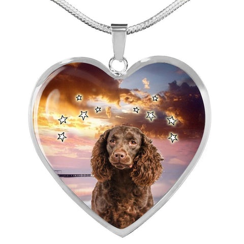 American Water Spaniel Print Heart Pendant Luxury Necklace-Free Shipping