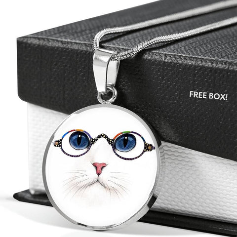 Cute Cat With Glasses Print Circle Pendant Luxury Necklace-Free Shipping