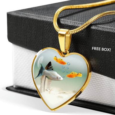 Mollies Fish Print Heart Charm Necklace-Free Shipping