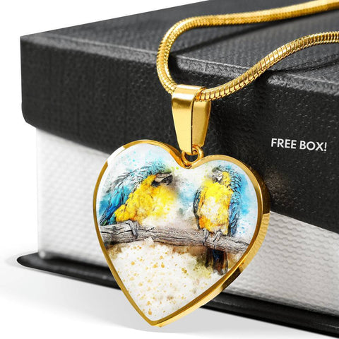 Blue And Yellow Macaw Parrot Art Print Heart Charm Necklaces-Free Shipping