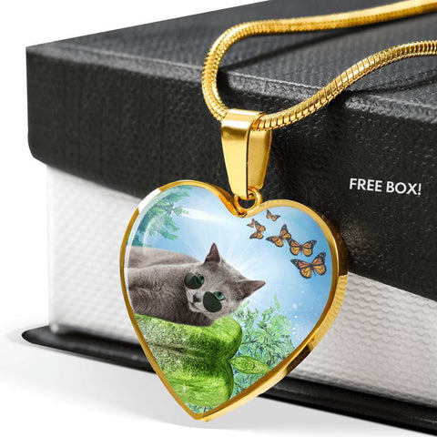 Russian Blue Cat Heart Pendant Luxury Necklace-Free Shipping