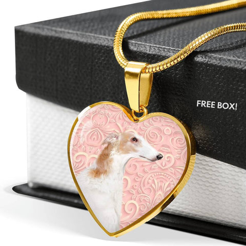 Borzoi Dog Print Heart Pendant Luxury Necklace-Free Shipping