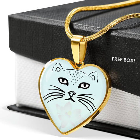 Cute Cat Face Print Heart Pendant Luxury Necklace-Free Shipping