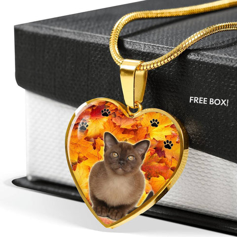 Burmese Cat Print Heart Pendant Luxury Necklace-Free Shipping