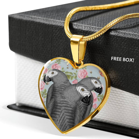 African Grey Parrot Print Heart Pendant Luxury Necklace-Free Shipping
