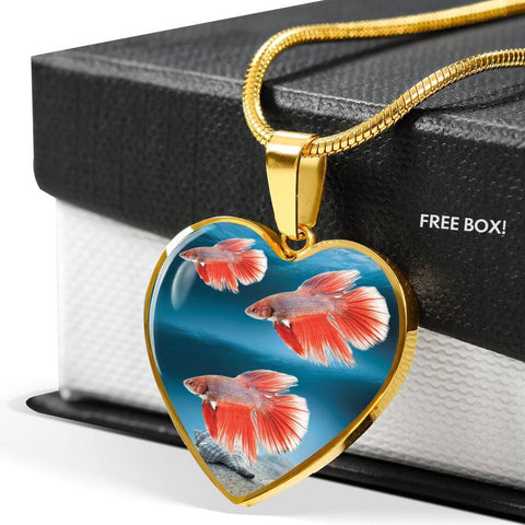 Siamese Fighting Fish Print Heart Charm Necklace-Free Shipping