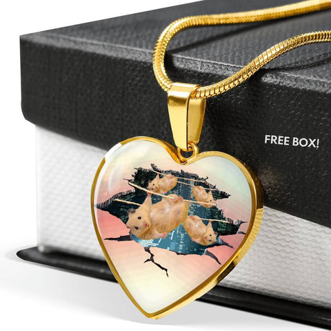 Golden Hamster Hanging Print Heart Charm Necklaces-Free Shipping