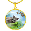 Russian Blue Cat Print Circle Pendant Luxury Necklace-Free Shipping