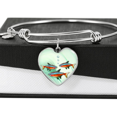 Neon Tetra Fish Print Heart Pendant Luxury Bangle-Free Shipping