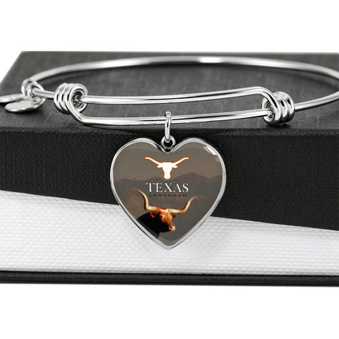 Texas Longhorn Cattle (Cow) Print Heart Pendant Luxury Bangle-Free Shipping