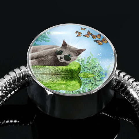 Russian Blue Cat Print Circle Charm Steel Bracelet-Free Shipping