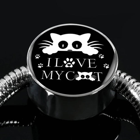 " I Love My Cat" Black Print Circle Charm Steel Bracelet-Free Shipping
