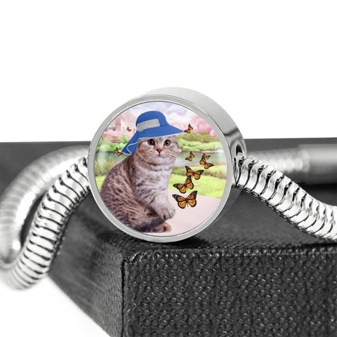 Scottish Fold Cat Print Circle Charm Steel Bracelet-Free Shipping